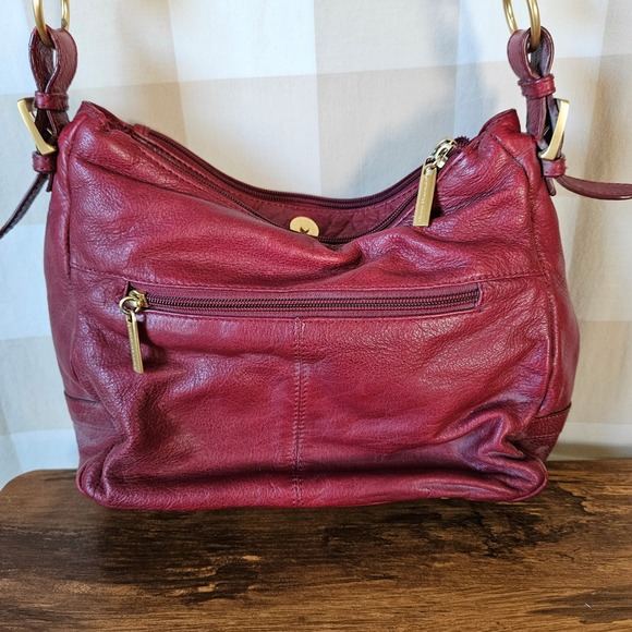 Stone Mountain Burgundy Red Pebbled Leather Hobo Shoulder Bag Purse Pockets Gold - Picture 3 of 7